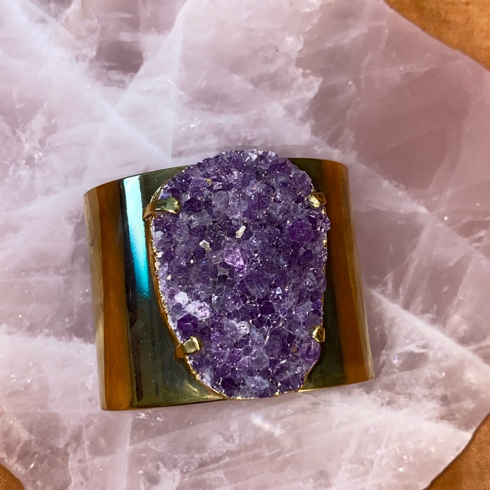 Genuine Amethyst geode cuff bracelet in gold